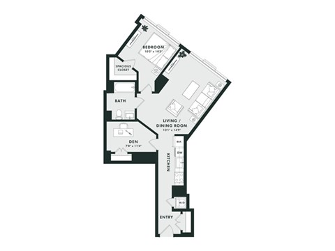 A floor plan of a house with a bedroom, bath, living room, dining room, kitchen, den, and entry.